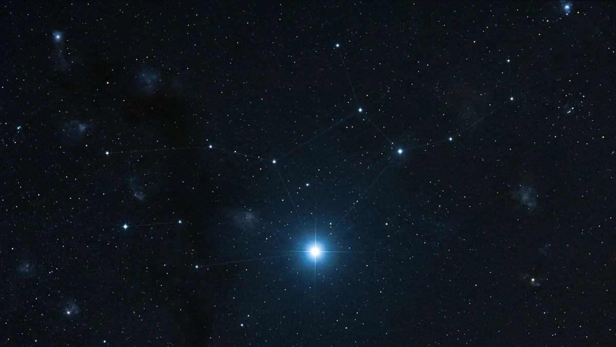 The blue-white star Spica shining in the constellation Virgo against a dark starry background