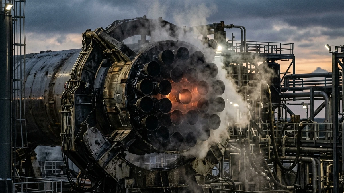 Steam and vapour drifting around the base of the Super Heavy booster on the launch mount after the engines shut down