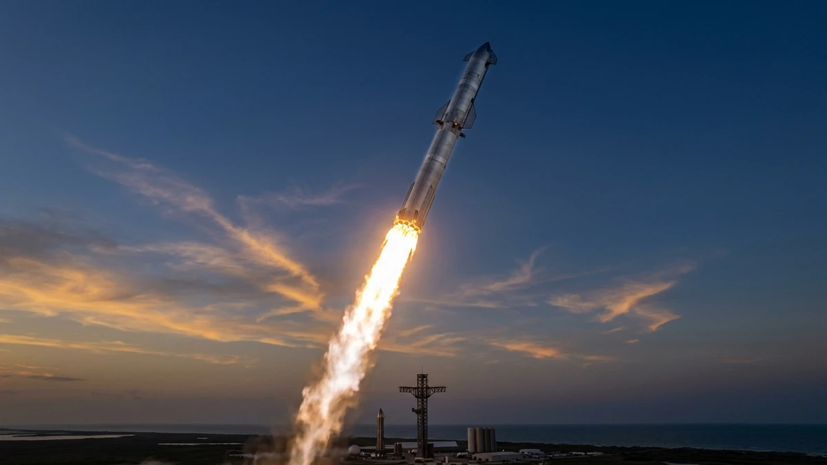 SpaceX Starship rising from the launch mount on a bright plume of engine exhaust at dusk