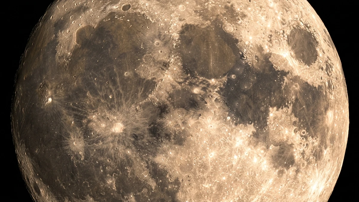 A close-up photorealistic view of the full moon showing dark maria and bright cratered highlands against a black sky