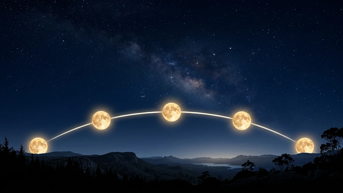 Diagram comparing the low summer full moon arc with the high winter full moon arc across the southern sky