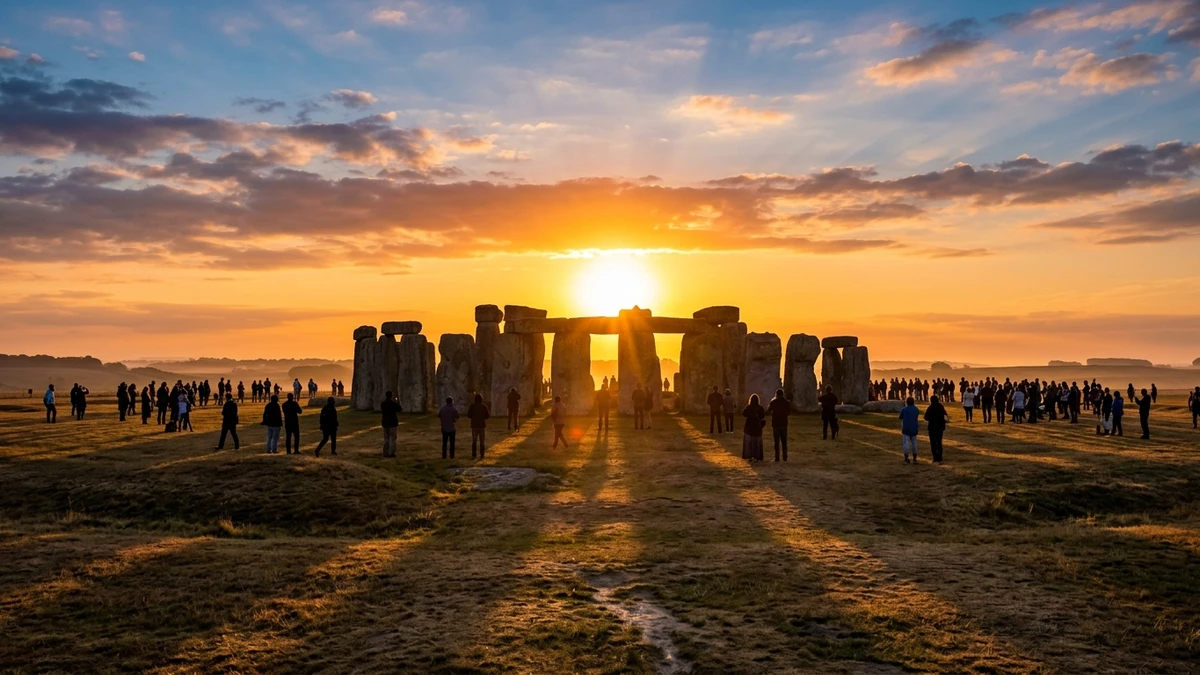 The sun rising behind the Heel Stone at Stonehenge during the summer solstice with a crowd gathered
