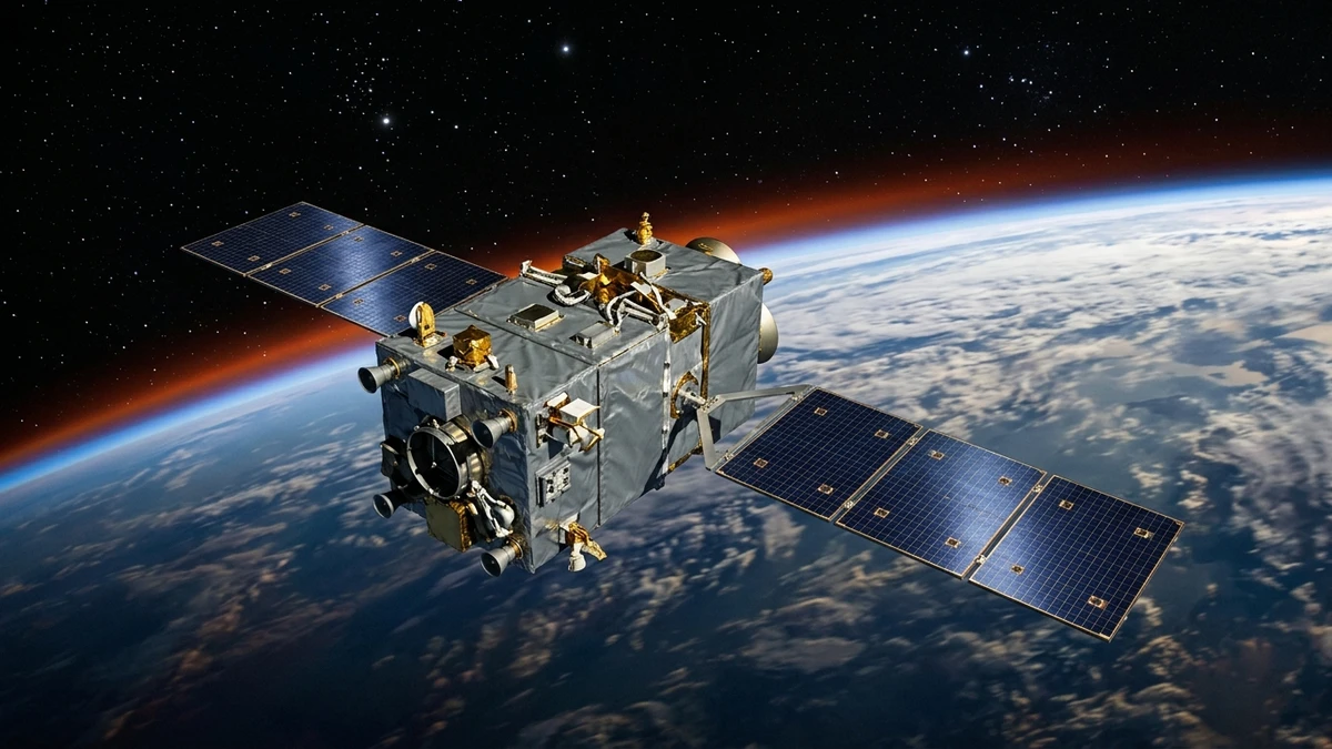 NASA's Swift Observatory in orbit with the hazy blue limb of Earth's atmosphere glowing below it