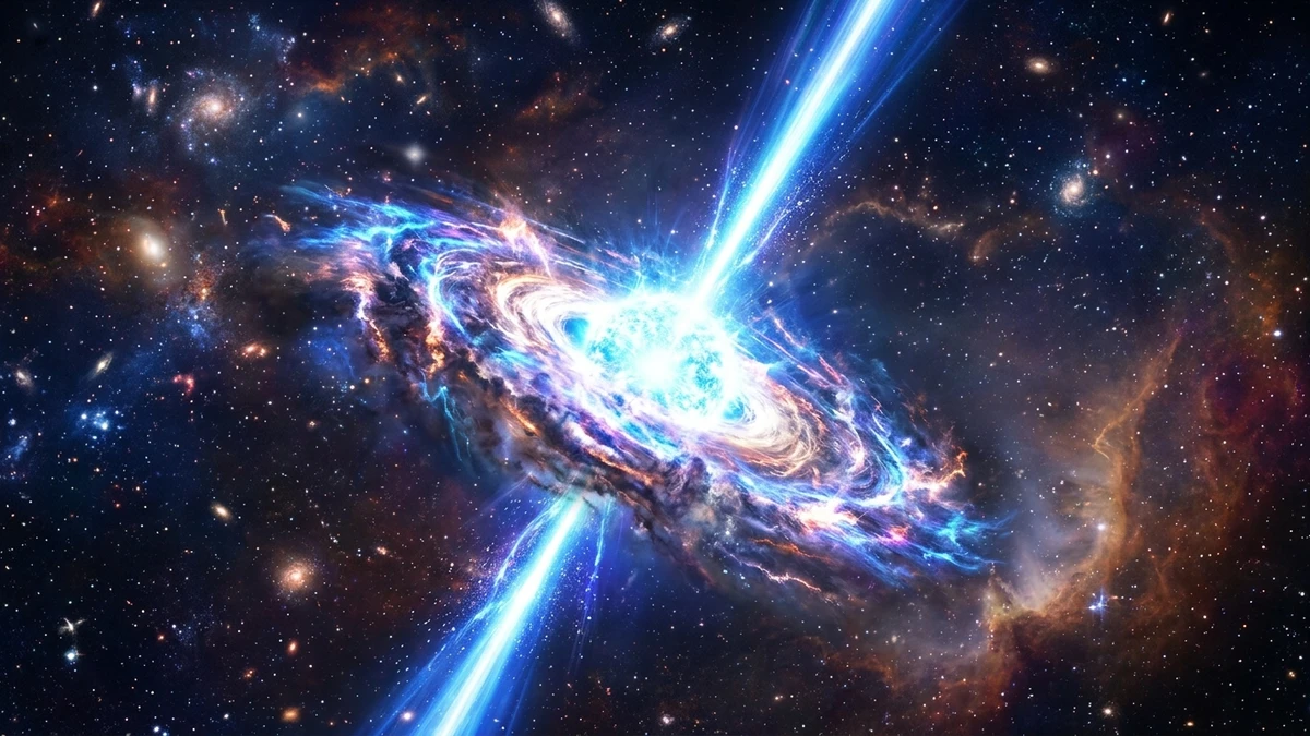 Artist's illustration of a gamma-ray burst: a dying massive star firing two narrow jets of brilliant high-energy radiation out into space