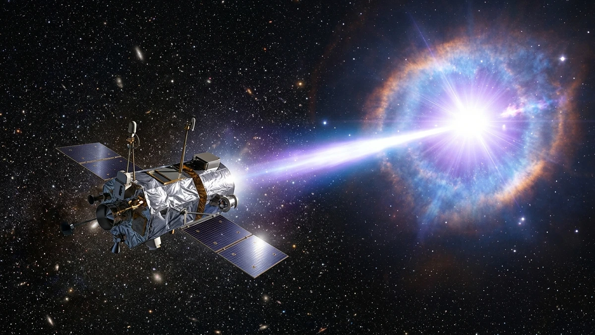 Artist's impression of the Swift Observatory detecting a bright gamma-ray burst from a distant collapsing star