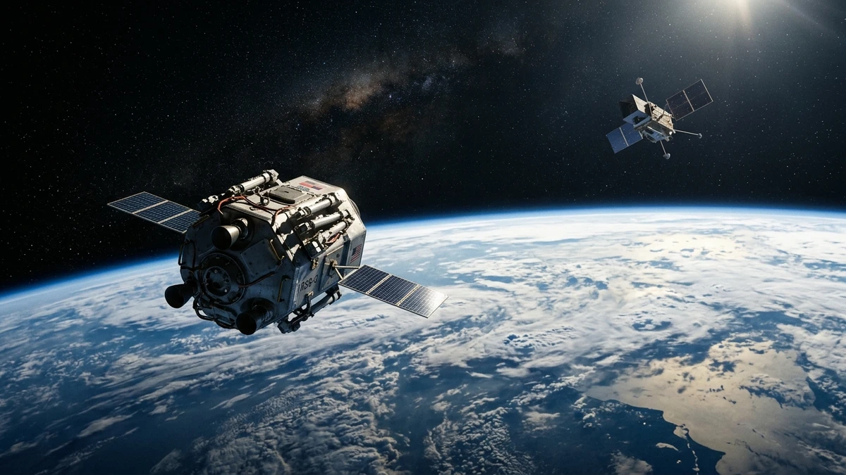 The LINK spacecraft with its three robotic arms folded, drifting near the Swift Observatory in orbit