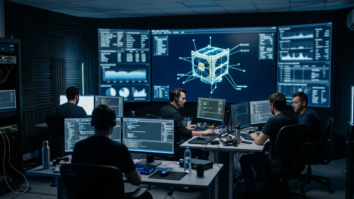 Engineers at Katalyst mission control watching telemetry screens showing the LINK spacecraft's rotation rate