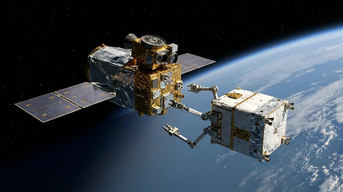 Katalyst's Link robotic servicing spacecraft approaching the Swift telescope in orbit with three mechanical arms extended, ready to grab it, the blue Earth below