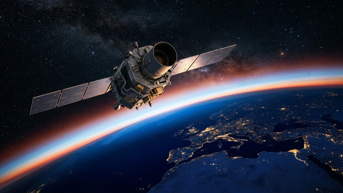 NASA's Swift Observatory in low orbit above the glowing blue haze of Earth's upper atmosphere