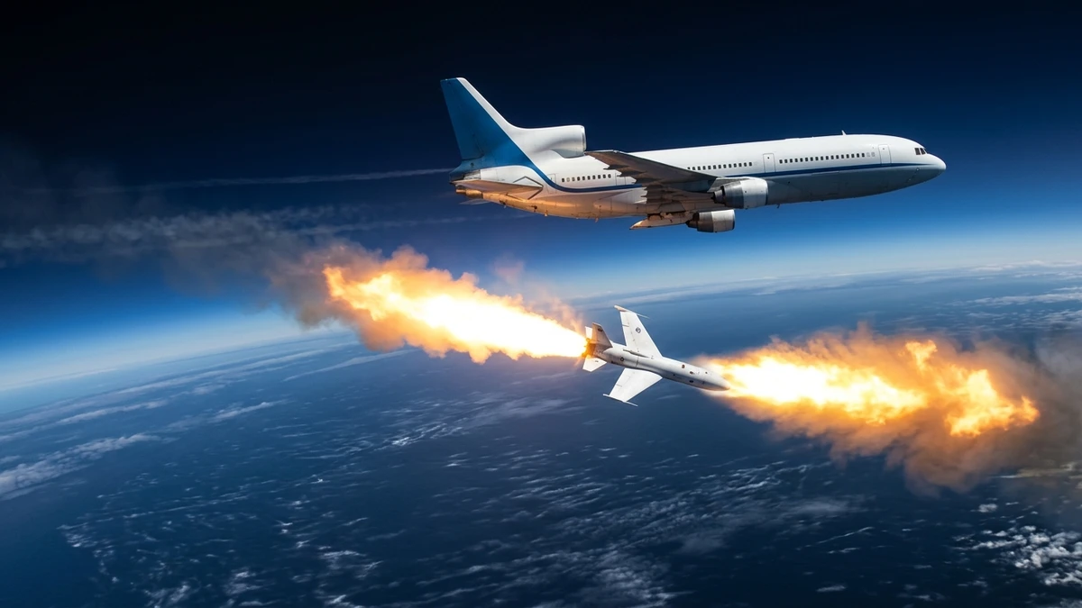 A Pegasus XL rocket dropping away from the Stargazer carrier aircraft high above the ocean and igniting its motor against a deep blue sky