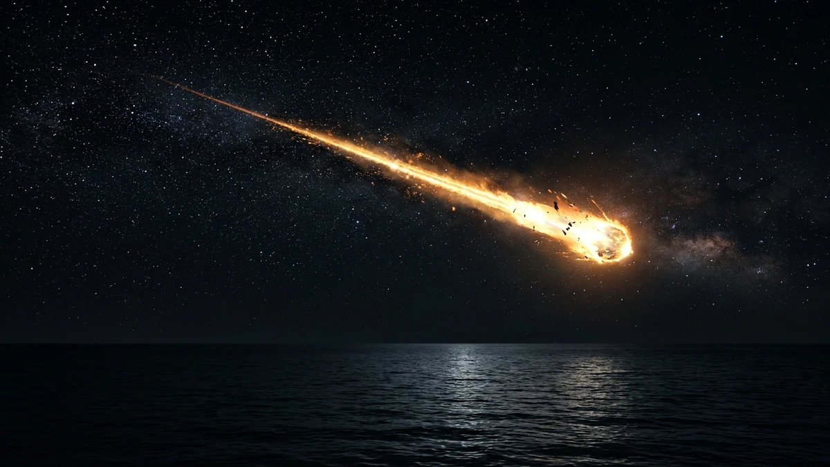A bright artificial fireball streaking across a dark night sky over the ocean as a spacecraft burns up on re-entry