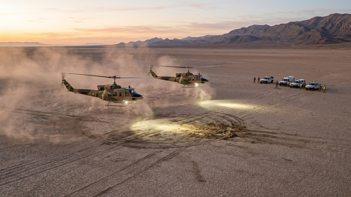 Iranian Air Force helicopters investigate a dry lakebed at dawn — the reported landing site of a smaller object that detached from the main craft