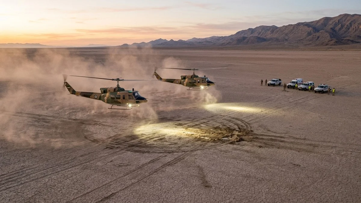 Iranian Air Force helicopters investigate a dry lakebed at dawn — the reported landing site of a smaller object that detached from the main craft
