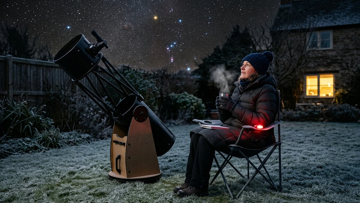 A stargazer in a thick coat and hat sits beside a Dobsonian telescope on a frosty night holding a steaming flask cup, Orion overhead