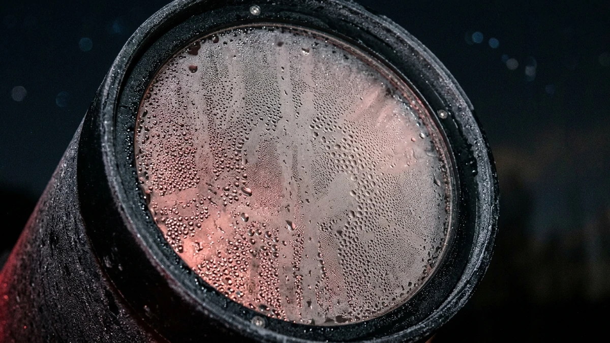 Close-up of a telescope corrector plate completely misted over with dew, droplets catching a faint red light