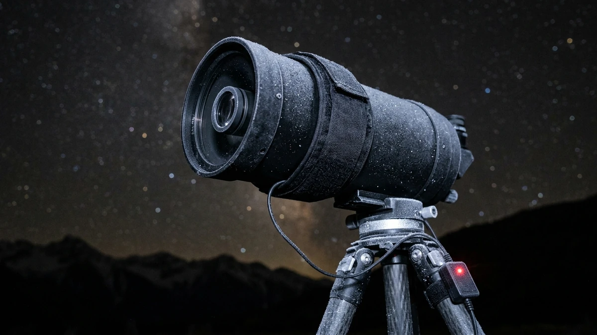 A dew heater strap wrapped around the front of a telescope tube, cable running to a small controller with one red indicator light, frost on the tripod