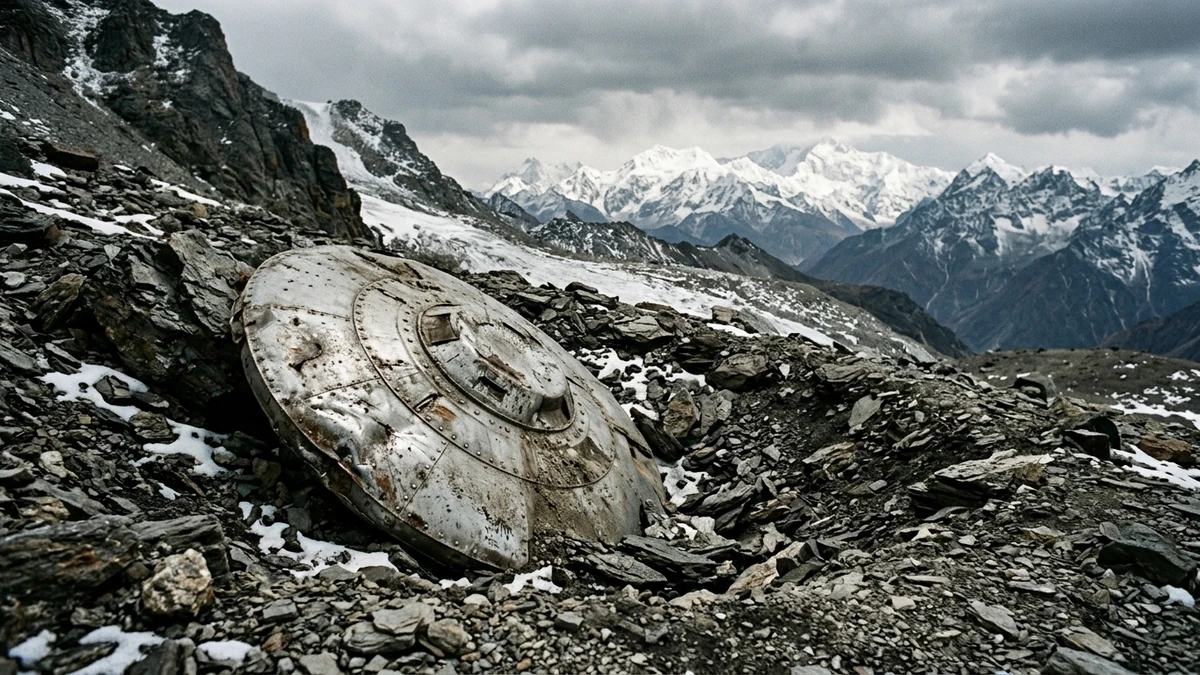 A metallic disc-shaped fragment lying in a shallow crater on a rocky Himalayan mountainside
