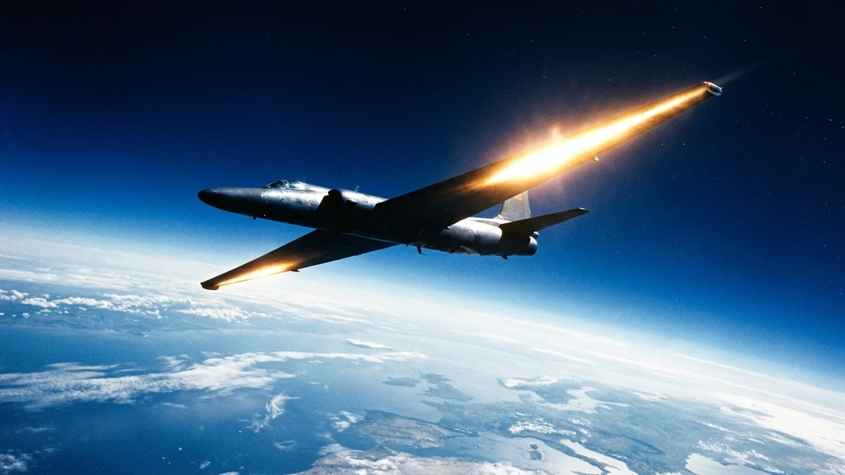 A high-altitude U-2 spy plane catching sunlight on its long silver wings against a dark blue upper atmosphere