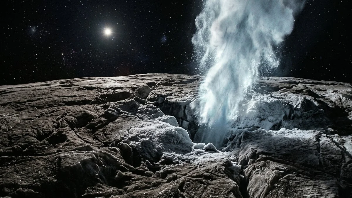 Artist's impression of cryovolcanic venting on the surface of a small icy Kuiper Belt object