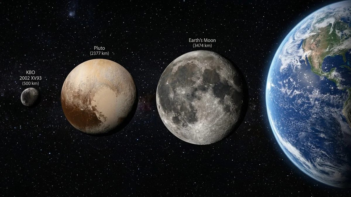 Size comparison showing 2002 XV93 next to Pluto, Earth's Moon, and Earth