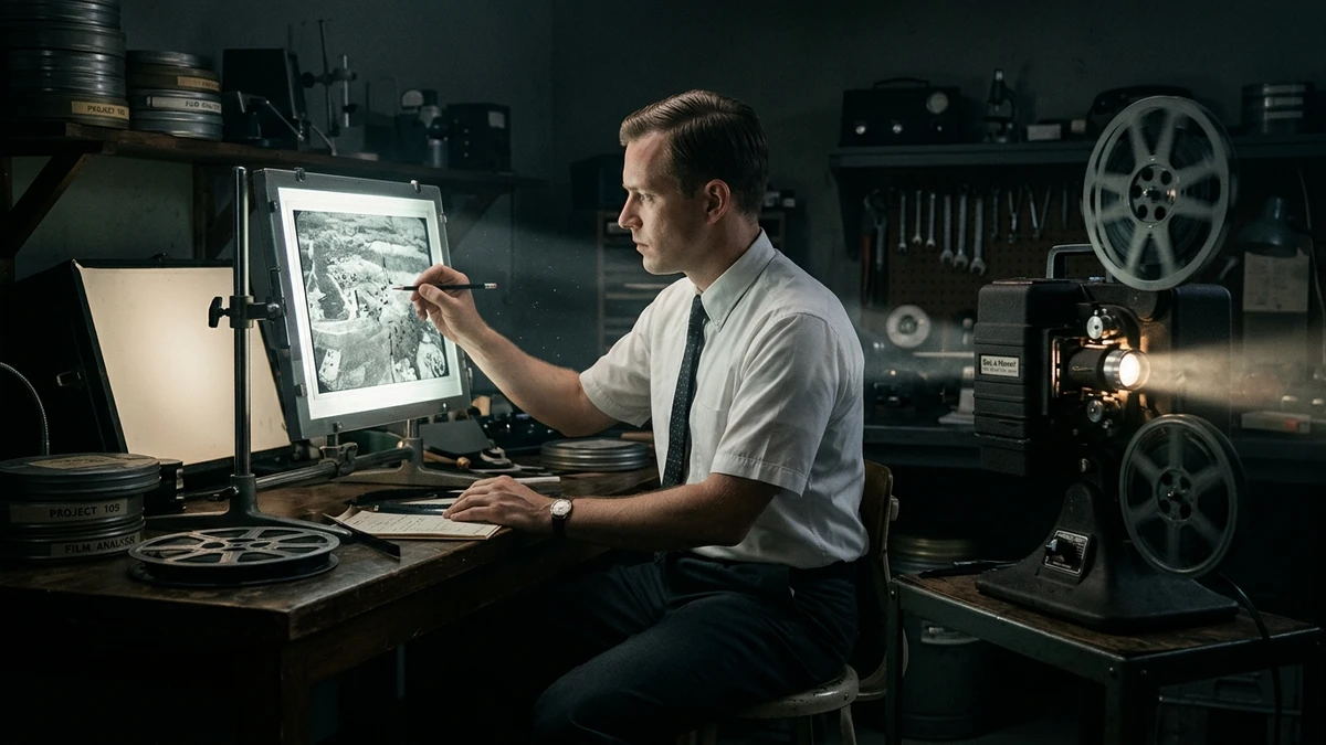 A 1950s analyst studying a projected film frame on ground glass in a darkened laboratory