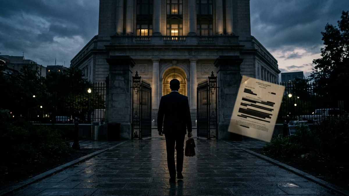 A stylised diagram-style illustration of a former official approaching the Pentagon and White House, with a waived non-disclosure agreement document