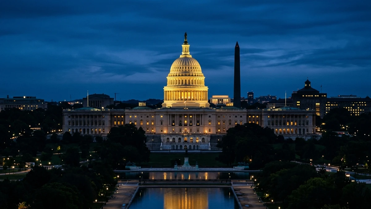 The US Capitol dome at dusk with the White House nearby, representing joint executive and congressional action on UAP disclosure