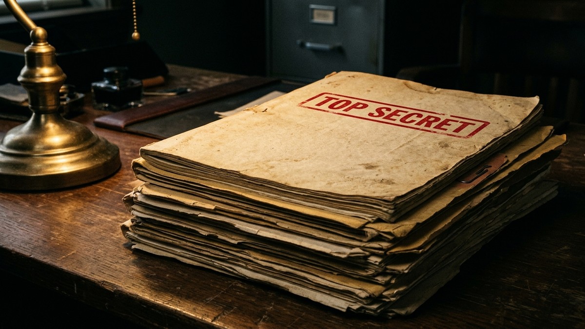 Stack of classified government documents representing UFO file releases