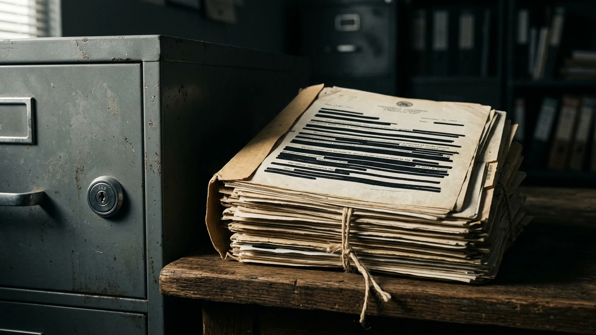 A stack of redacted government documents marked classified beside a locked filing cabinet