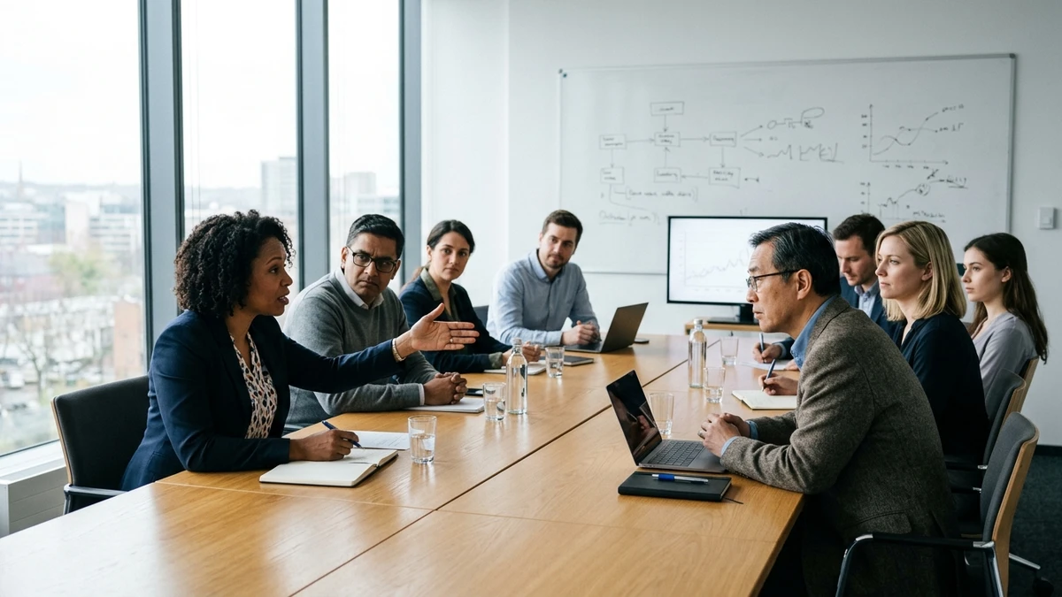 Two groups of scientists facing each other across a conference room, mid-discussion