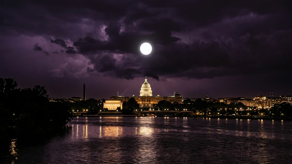Washington DC skyline at night with a glowing white sphere of light hovering above the Capitol dome