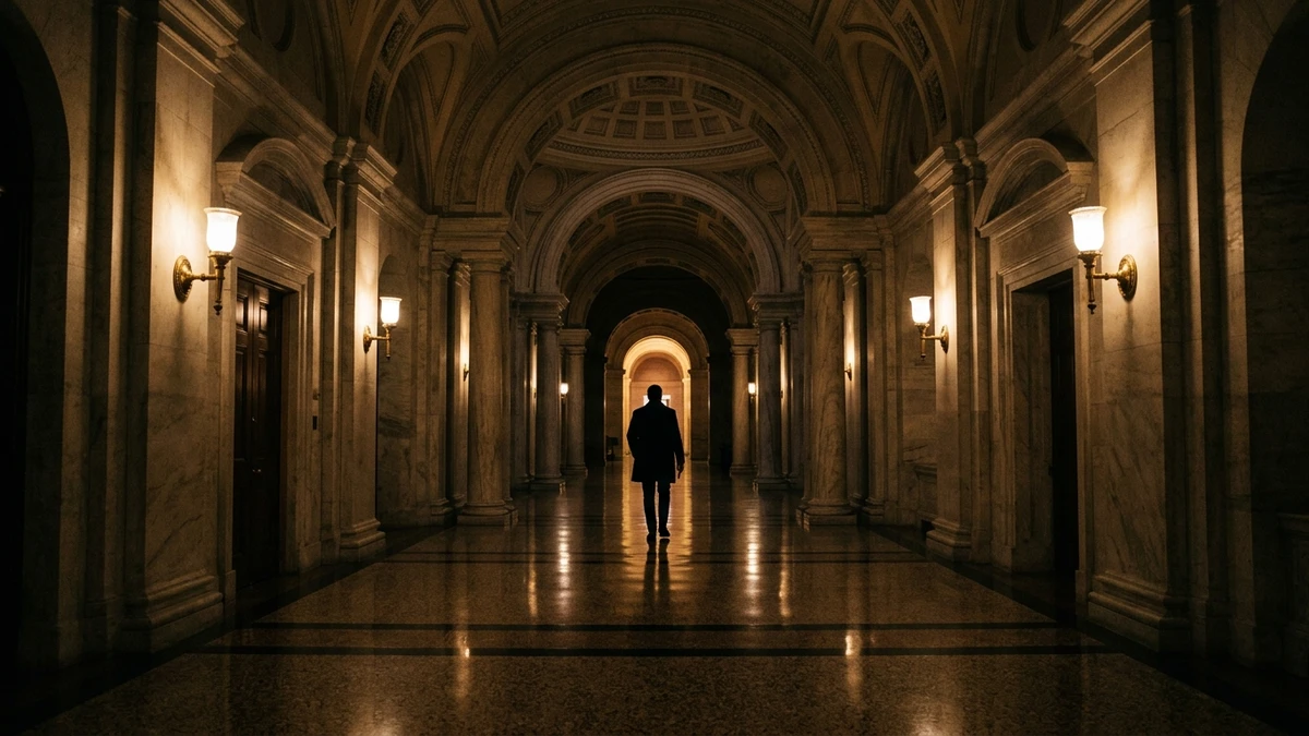 A lone silhouetted figure walks down a long marble corridor in the US Capitol at night