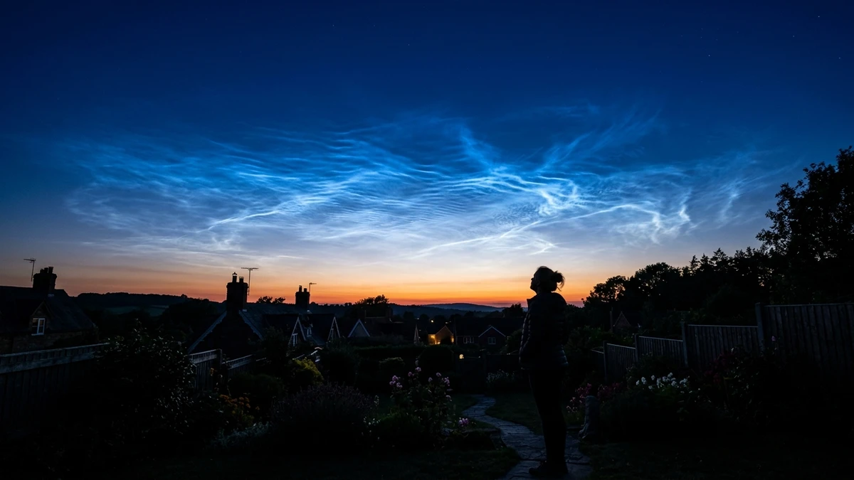 Electric-blue noctilucent clouds glowing in a deep blue UK summer twilight sky above silhouetted rooftops