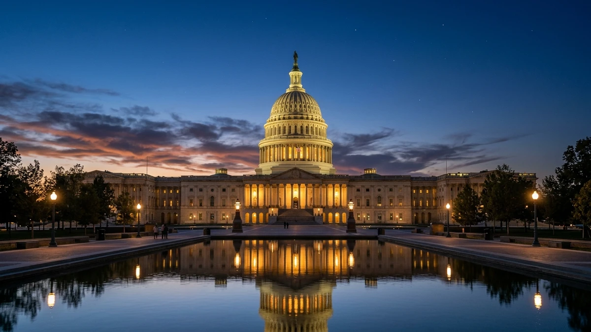 The US Capitol building glows at twilight under a deep blue sky scattered with early stars
