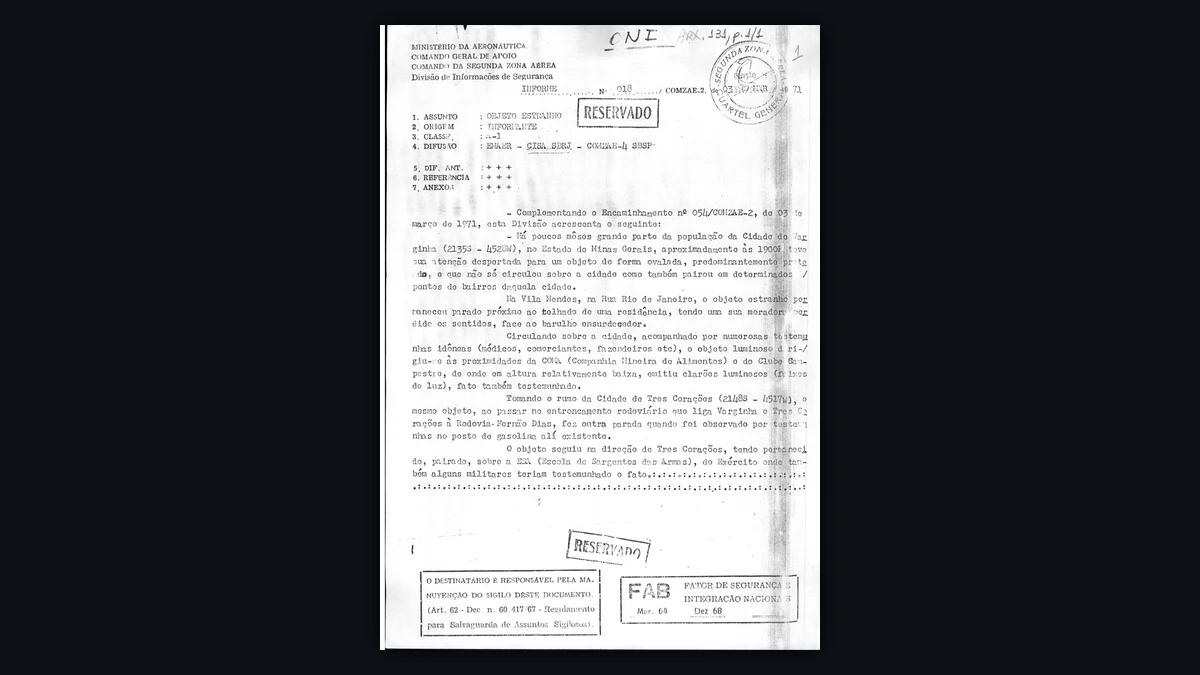1971 Brazilian Air Force intelligence report describing an oval object seen over Varginha, from the National Archives OVNI fund