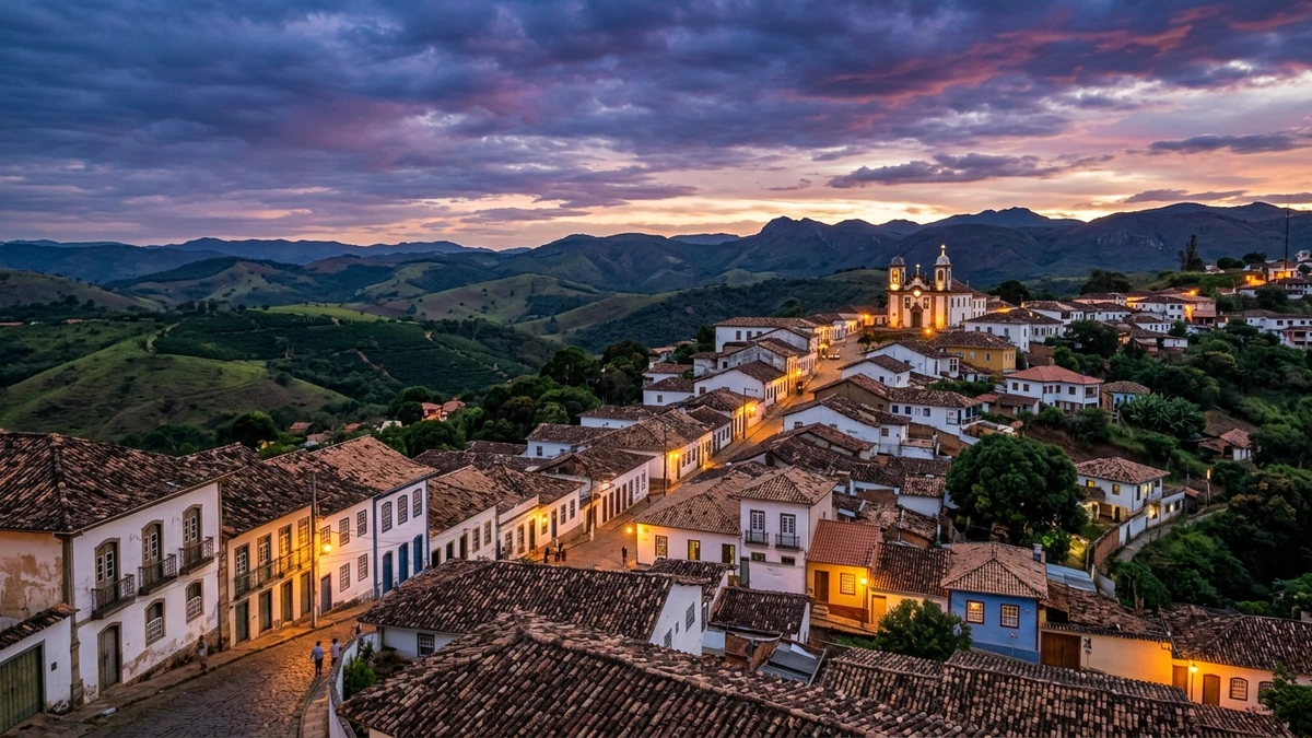 Hillside streets of a Brazilian town at dusk under a dramatic sky, in the style of Varginha, Minas Gerais