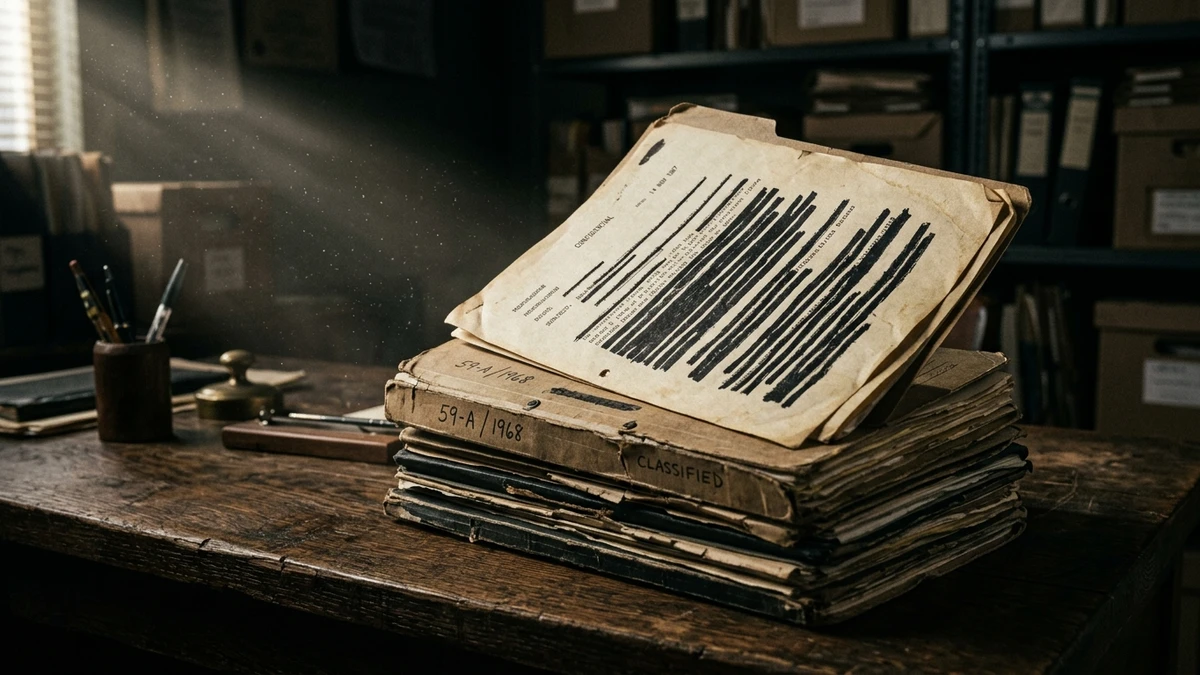 A stack of aged government file folders, one open showing pages with heavy black redaction bars