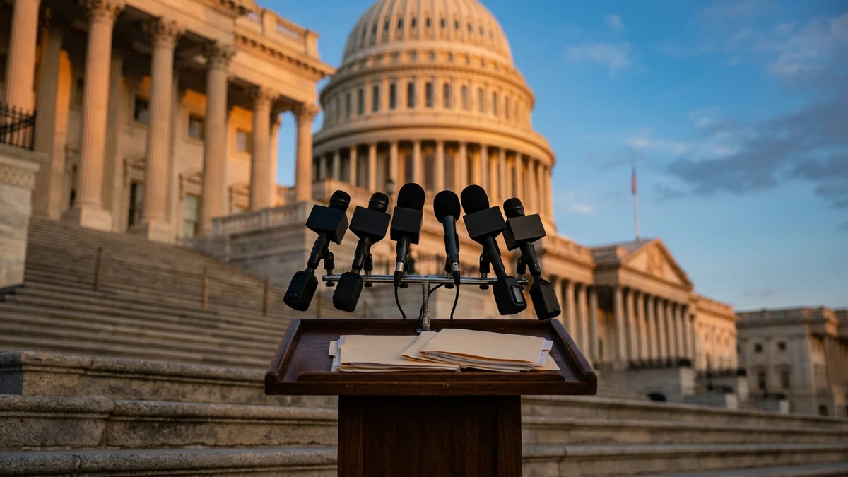 Press conference podium with microphones set up on the steps of the US Capitol, folders resting on the lectern