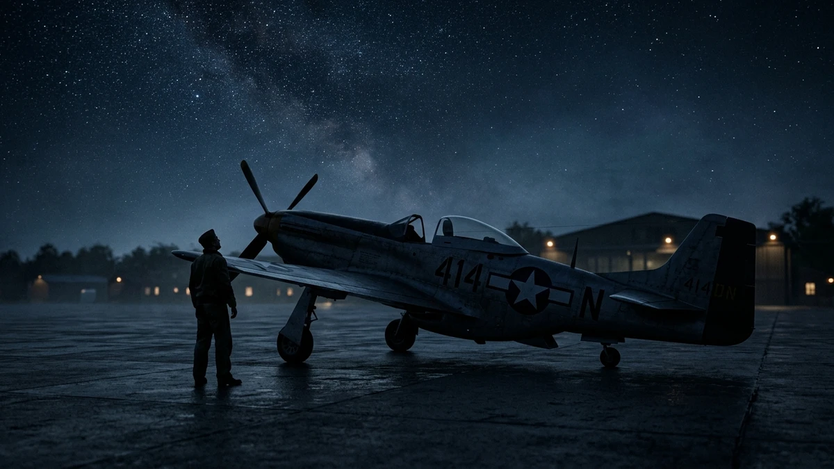 A 1940s propeller fighter aircraft on a dark airfield under a starry sky