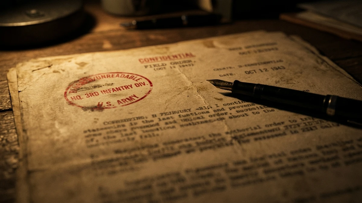 Close view of a typewritten 1940s military memo with a declassification stamp