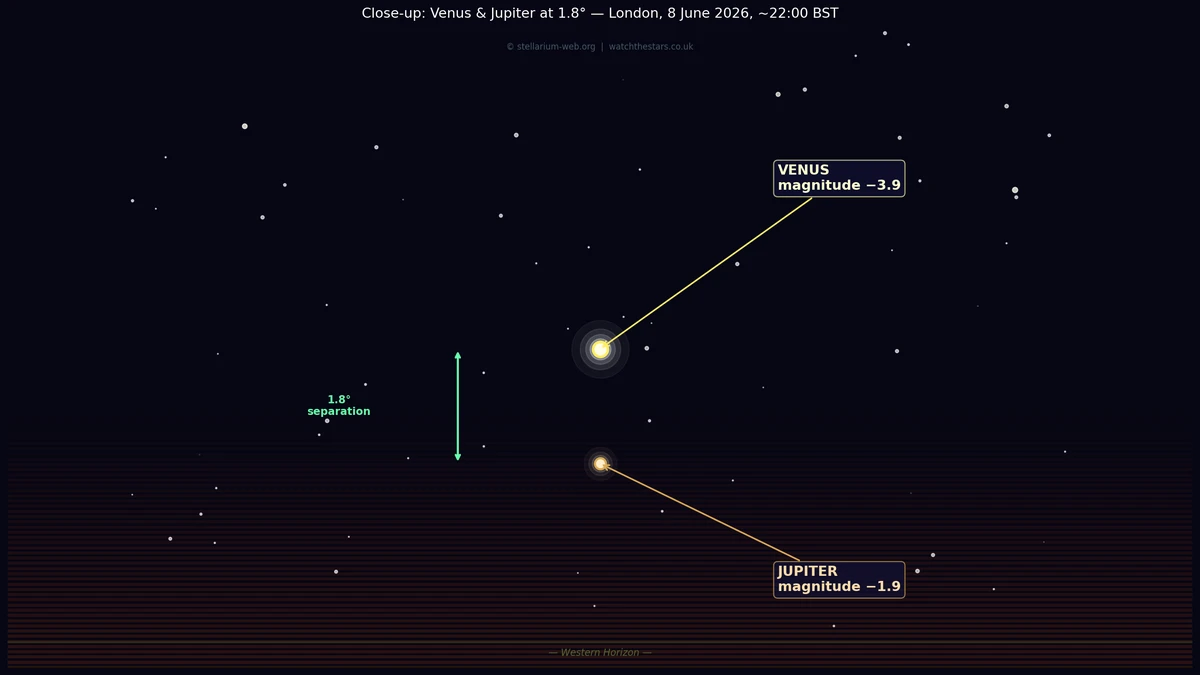 Close-up Stellarium finder chart showing Venus and Jupiter just 1.8 degrees apart in the sky on 8 June 2026