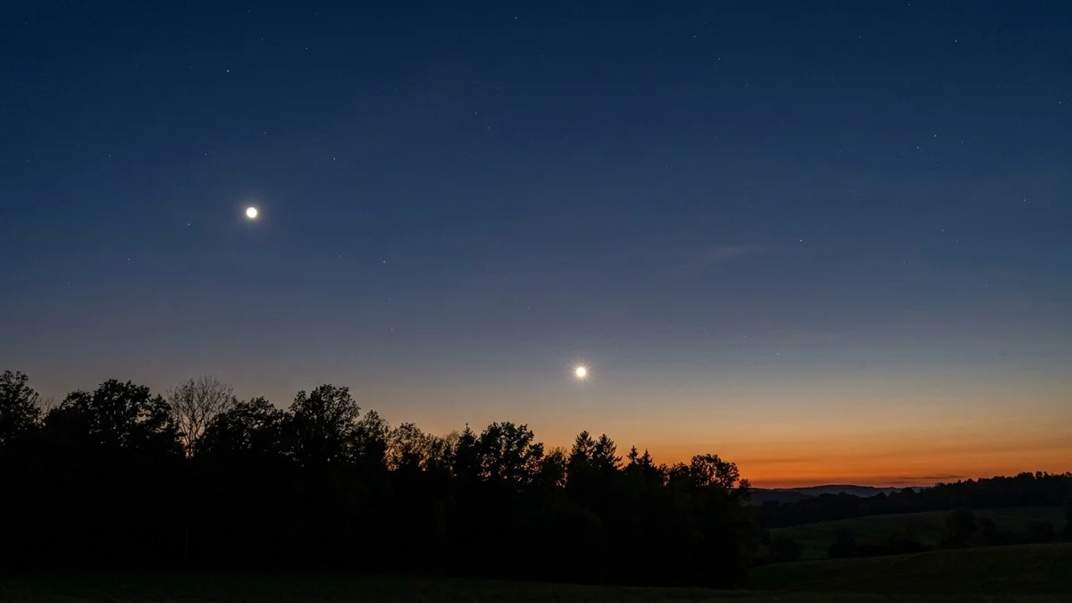Diagram showing Venus and Jupiter's positions in the evening sky, with Venus in Taurus moving toward Jupiter in Gemini