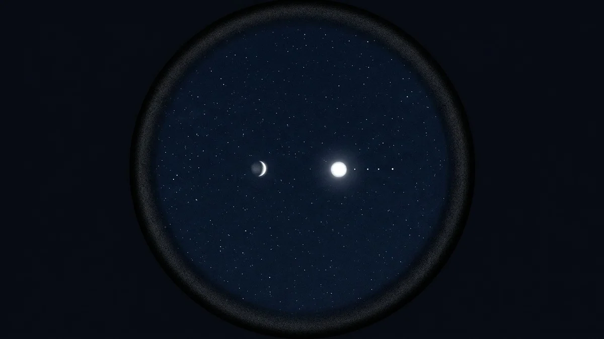 Simulated view of Venus and Jupiter at 1.6 degrees apart as they would appear through binoculars, with Jupiter's moons visible