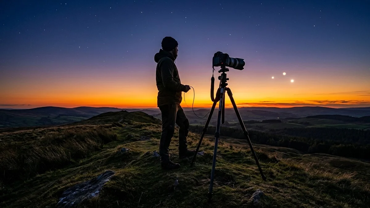 Photographer silhouetted against twilight sky capturing Venus and Jupiter