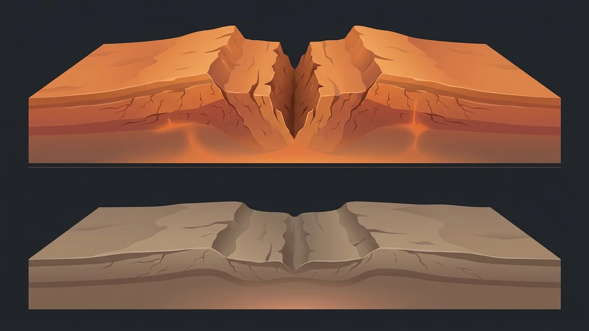 Cross-section illustration comparing a young Venusian rift with high broad flanks to an ancient rift whose flanks have subsided and flattened