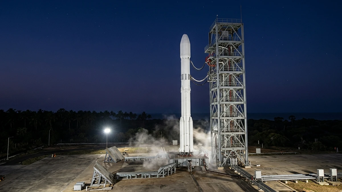 Vikram-1 standing on the First Launch Pad at Sriharikota before dawn, floodlit against a dark sky
