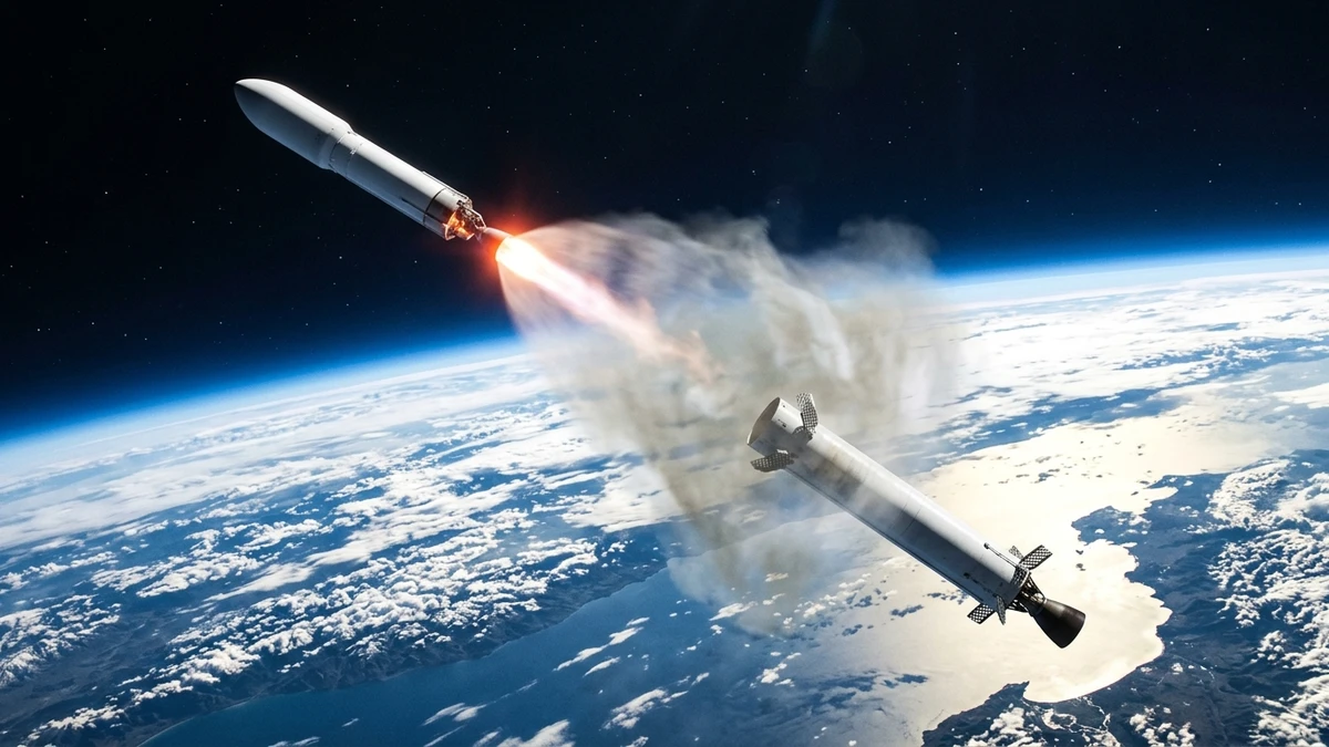 Artist's impression of the Kalam-1200 first stage separating from Vikram-1 high above the Earth, exhaust plume expanding in the thin air