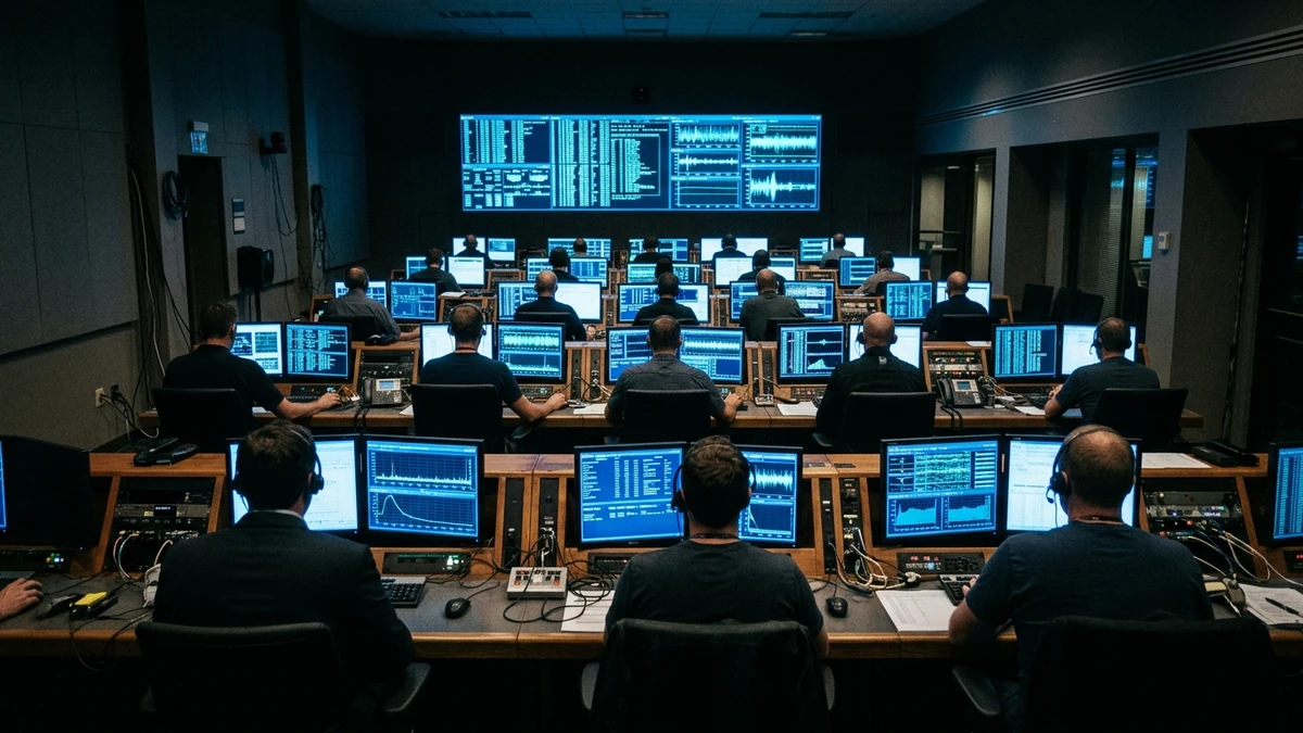 Mission engineers at consoles in a darkened control room monitoring telemetry from a distant spacecraft