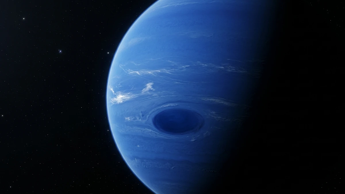 The blue disc of Neptune with white cloud bands, seen from a passing spacecraft against black space