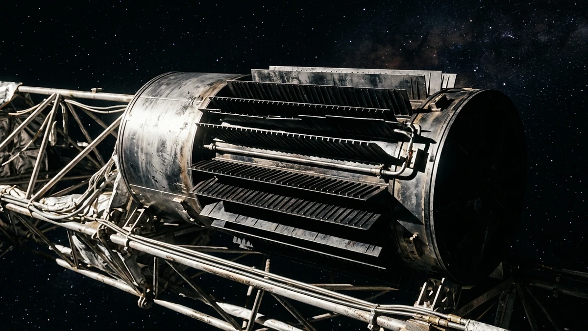 Close view of a spacecraft's radioisotope thermoelectric generator, a finned cylindrical unit mounted on a boom against deep space